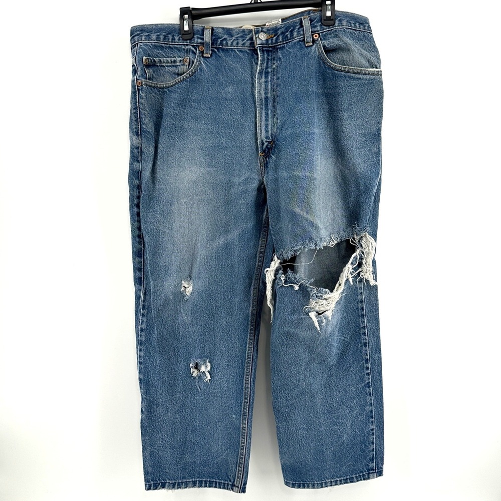 Levi's 550 Jeans Men 40x30 Blue Solid Relaxed Fit Vintage Distressed Thrashed